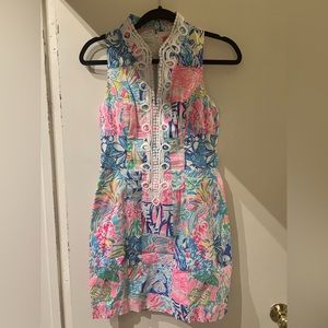 Lilly Pulitzer 2 Embroidered High Collar Zip Halter Dress with Patchwork Print